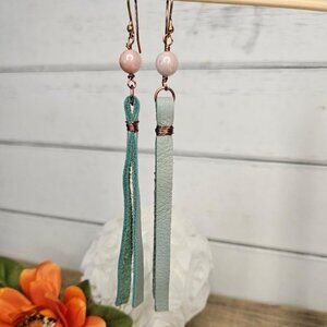 Hand Crafted Boho Style Pastel Green Leather Sunstone Dangle Earrings